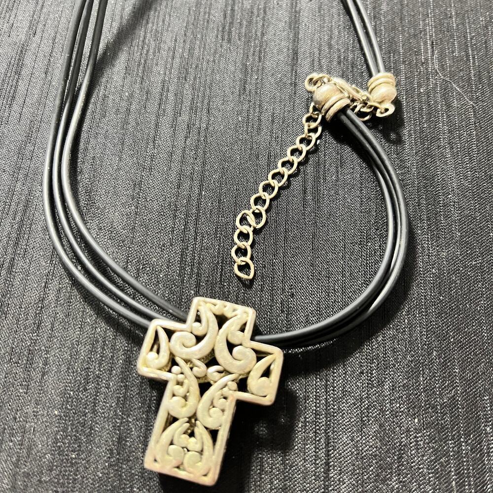 Unbranded Sterling Cross Double Sided 3-Strand Black Cord Necklace Silver Black - Picture 4 of 4